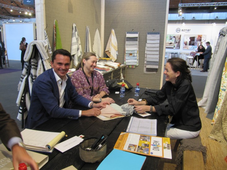 Thierry Van Damme, B T Textiles, (left) discusses business with collegues at Mood 2018.