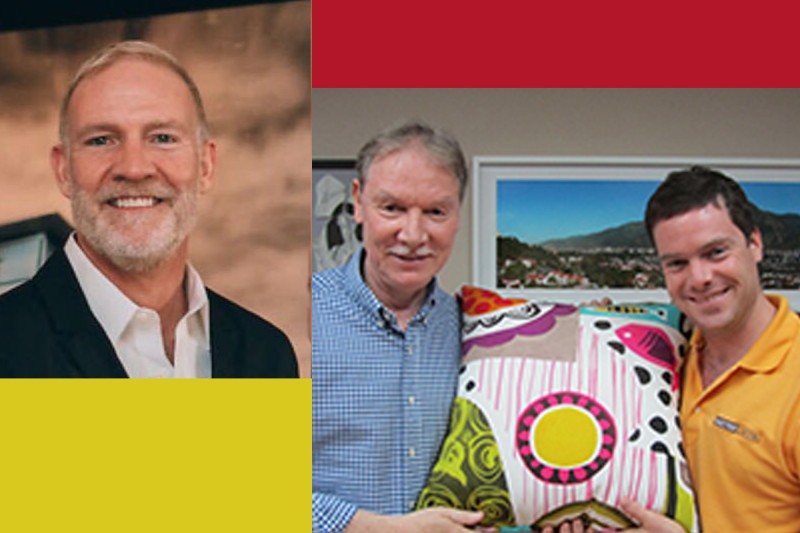 Left: Tim Johnson; Right: Bob and Ari Greenfield show off a digital print with a one-yard repeat in the pattern