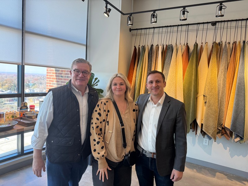 At Radiate Fabrics: Dixon Mitchell, CEO, Fairfield Chair Co., with Michelle Doerr, Visual Creative Manager, Fairfield Chair with Jake Titlebaum, Radiate Textiles Sales Manager (High Point, NC based converter)