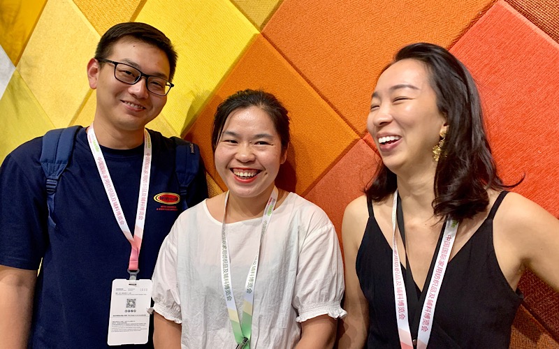 Bennie Yang, (l to r) at Houros Furniture Co. LTD in Shanghai, Roxy Yang, overseas sales manager at Houros Furniture, and Shirley at Hangzou Kelida Home Textile Co. LTD in Hangzhou, China.