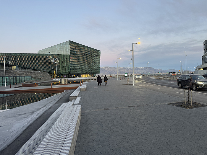 Icelandic Government ministry building on left and Harpa music hall on right