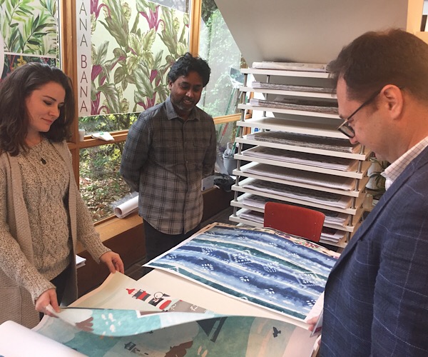 Sophie Marshall, (l to r), and Shreenie Vasan, owner of Tana Bana Design Studio in New York, and Ahmet Ikcuoglu, managing partner of Kacar Textile in Turkey