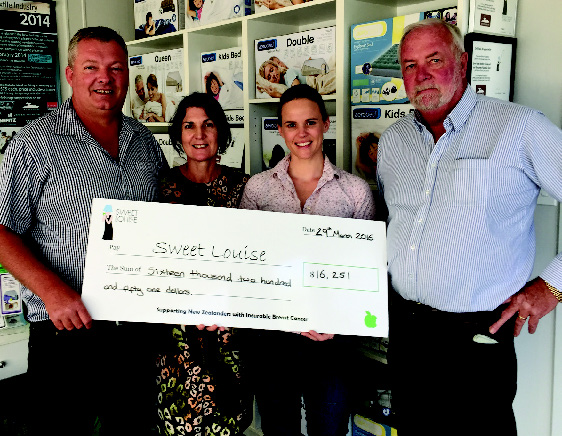 Brett and Sandra Fleetwood from Scorpio Agencies Ltd, Fiona Hatton CEO of Sweet Louise Foundation and Gerald Sheehy from Home Fabrics to present the check of $16,281.00
